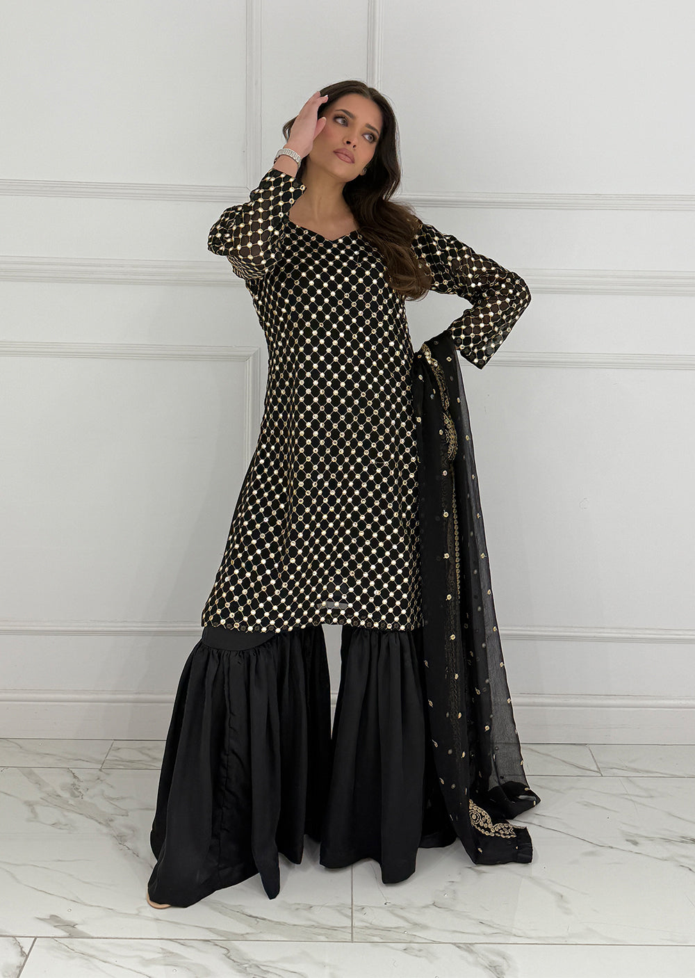 SMR3101 Rose - Black Readymade Chiffon Suit - Memsaab Online