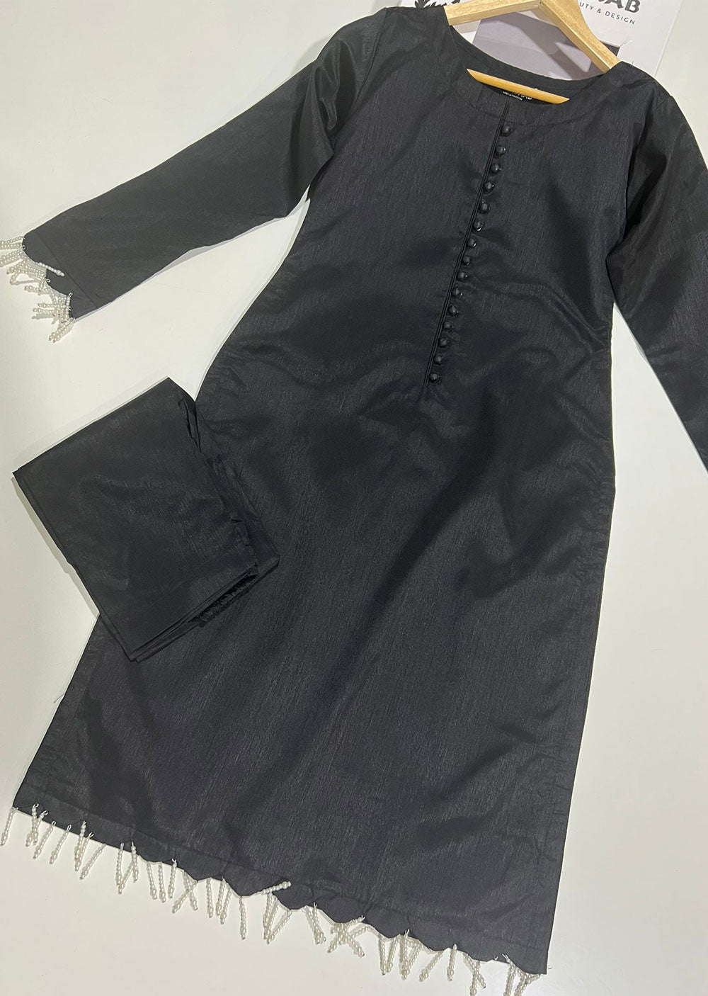 HK233 Saha - Black Readymade Raw Silk Suit - Memsaab Online