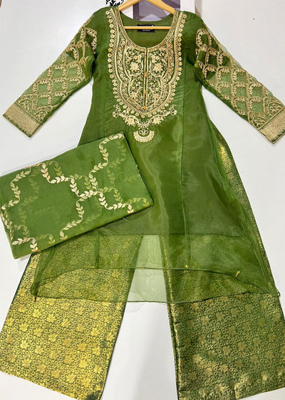 HK238 Mariya - Mendhi Green Readymade Organza Suit - Memsaab Online