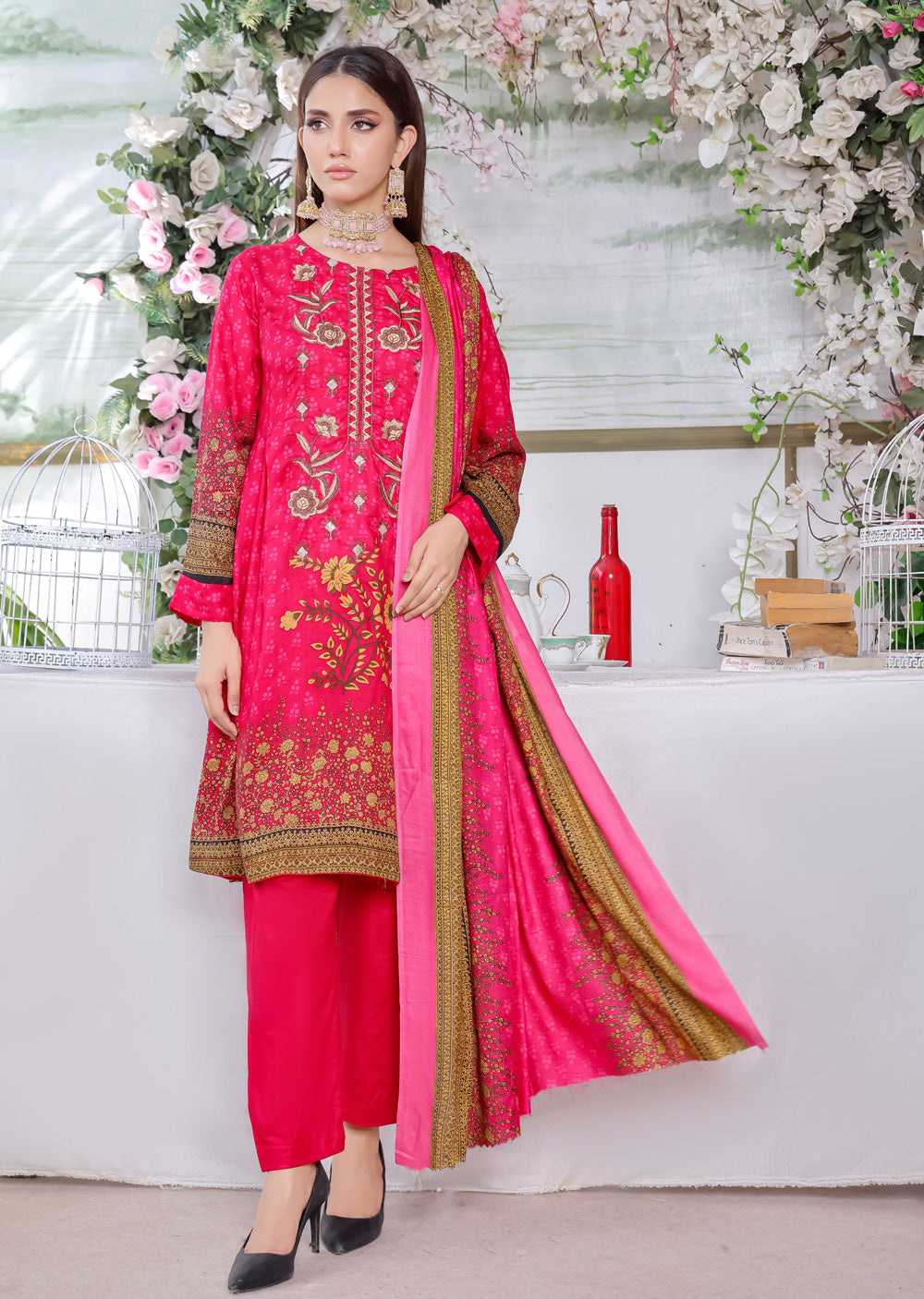 AMT5122 - Hot Pink Readymade Linen Suit - Memsaab Online