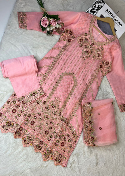 ASK623 Readymade Organza Pink Suit - Memsaab Online