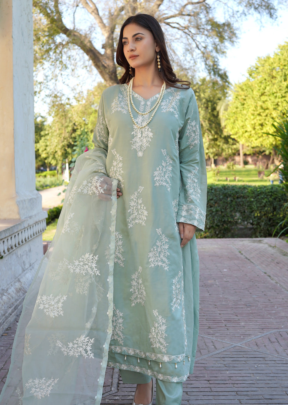 HK283 - Resha - Green Linen Double Layer Suit - Memsaab Online