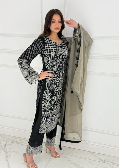 UMR902 - Black Memsaab Formal Chiffon Suit - Memsaab Online