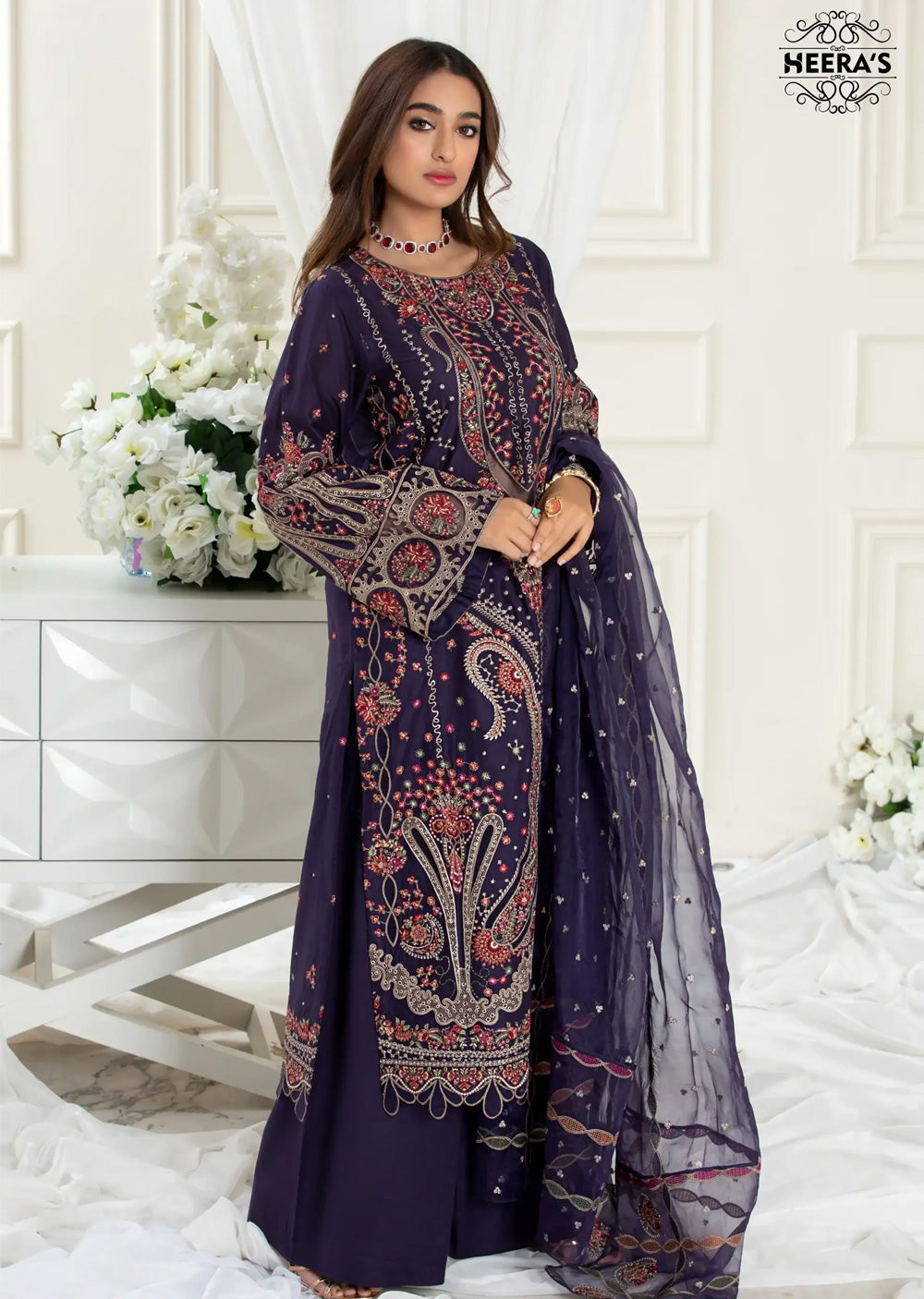 HSS-183- Readymade - Haseen Blue Embroidered suit by Heeras - Memsaab Online