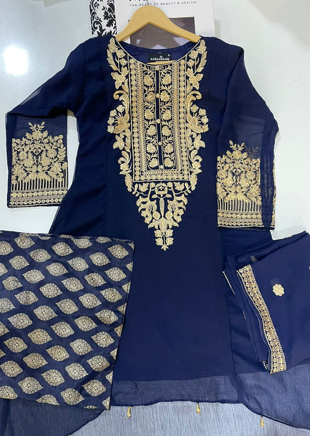 HK240 Reya - Navy Readymade Chiffon Suit - Memsaab Online