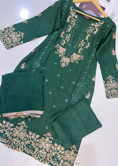 HK249 - Green Readymade Linen Suit - Memsaab Online