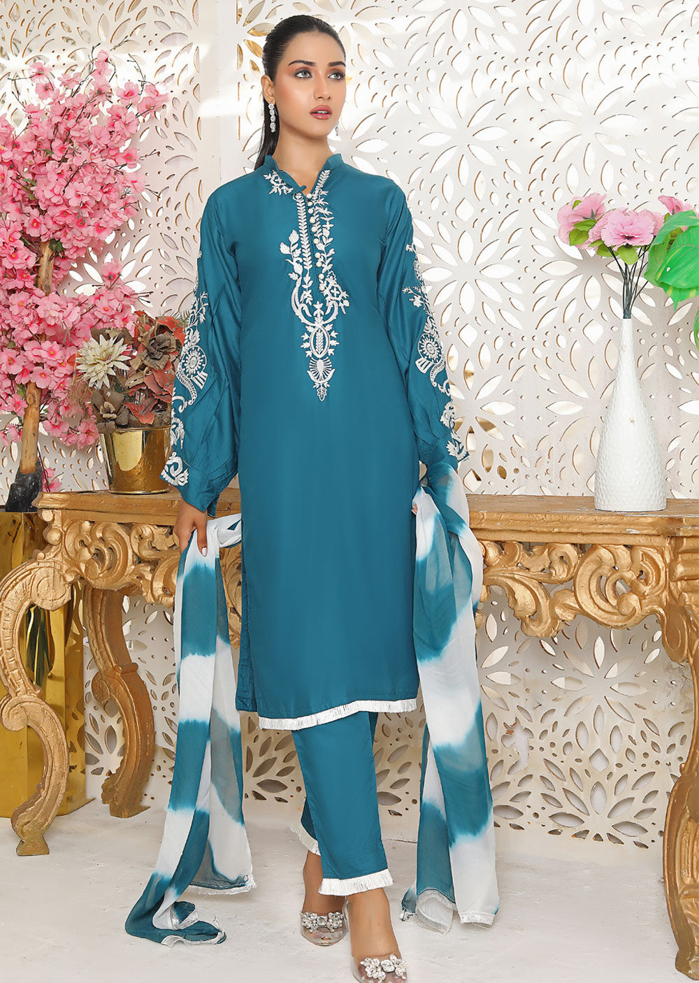 HK212 Lameez Readymade Green Linen Suit - Memsaab Online