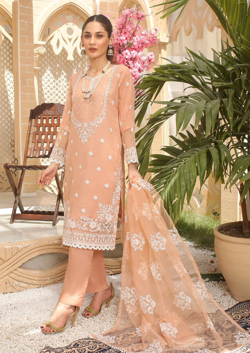 KLD205 Light Sky - Peach Readymade Organza Suit - Memsaab Online