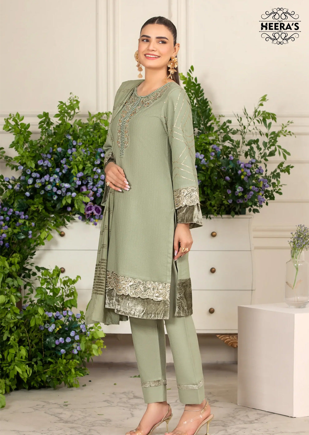 HSS-184- Readymade - Dhanak Velvet Luxe Embroidered suit by Heeras - Memsaab Online