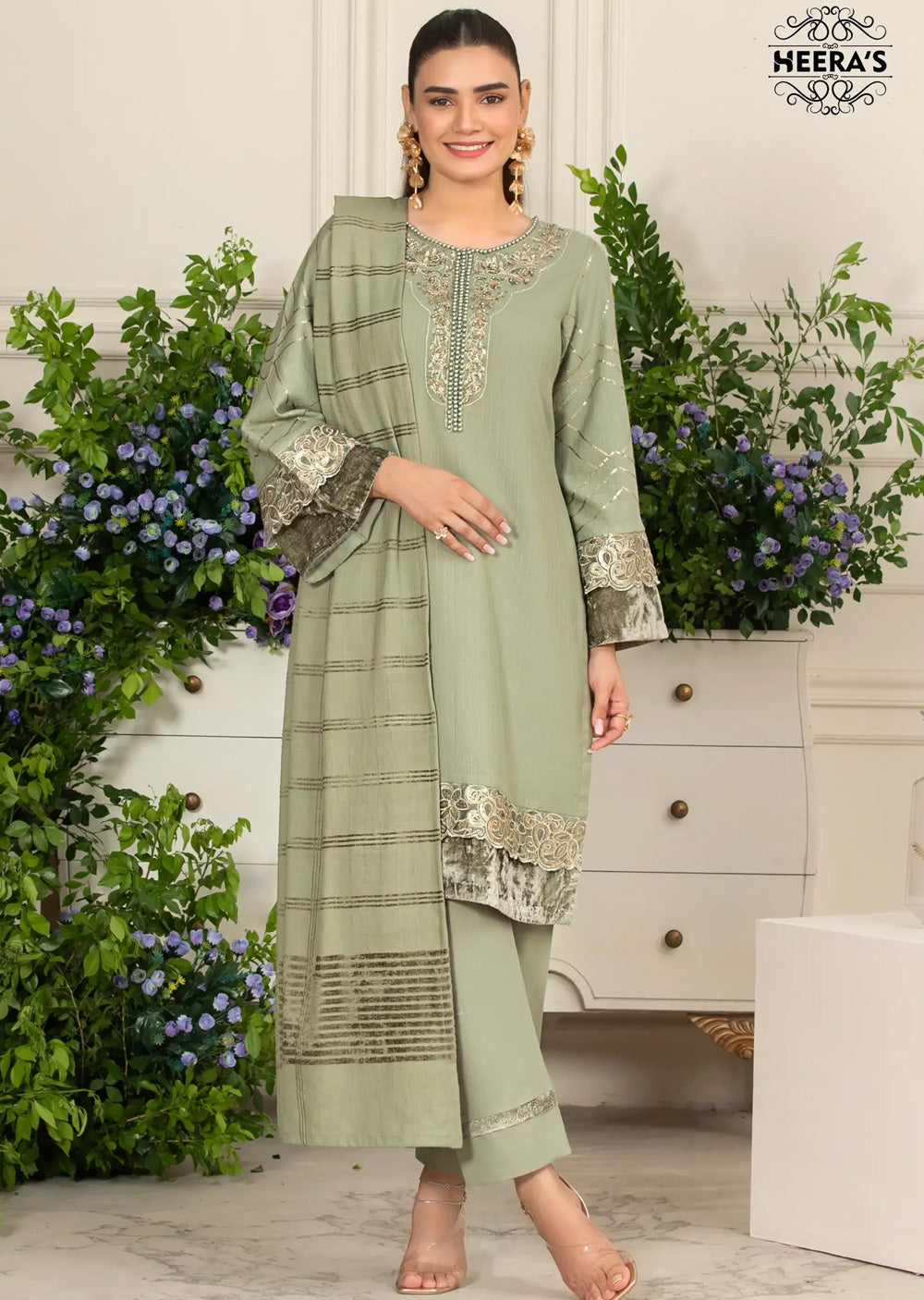 HSS-184- Readymade - Dhanak Velvet Luxe Embroidered suit by Heeras - Memsaab Online