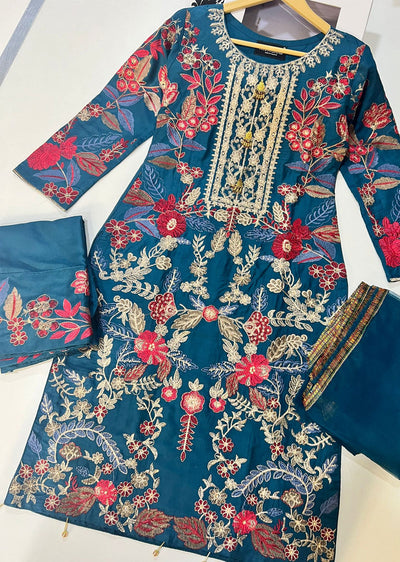 HK250 - Teal Readymade Linen Suit - Memsaab Online