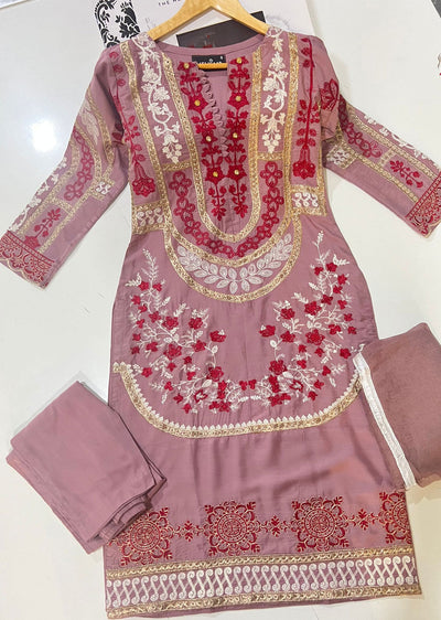 HK252 - Pink Readymade Linen Suit - Memsaab Online