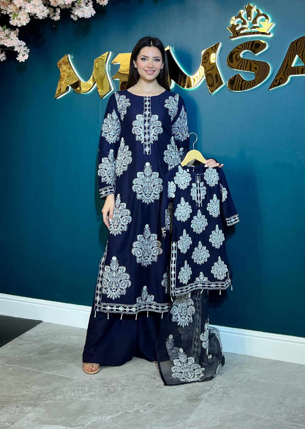 HK255 Dilreva - Navy Readymade Mummy n Me Outfit - Memsaab Online