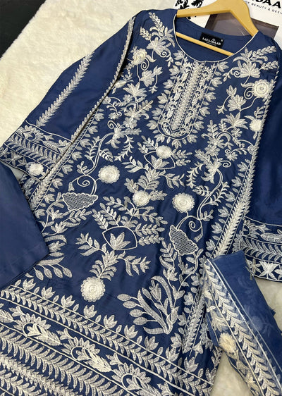 HK256 Lira - Blue Readymade Linen Suit - Memsaab Online