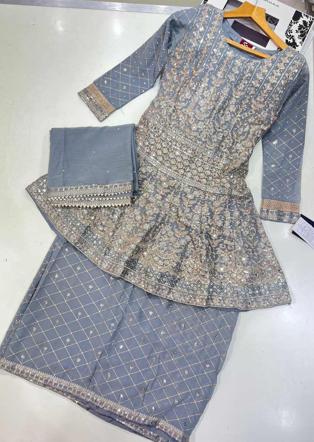 SIM2570 Blueish Grey Readymade Chiffon Outfit - Memsaab Online