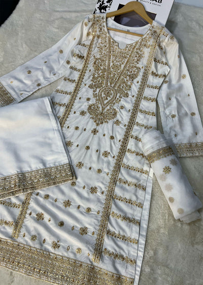 HK257 Dahlia - White Readymade Linen Suit - Memsaab Online