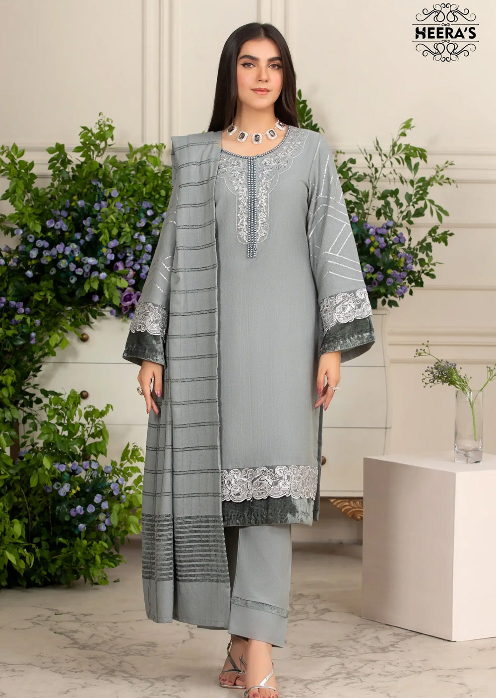 HSS-185- Readymade - Dhanak Velvet Grey Grace Embroidered suit by Heeras - Memsaab Online