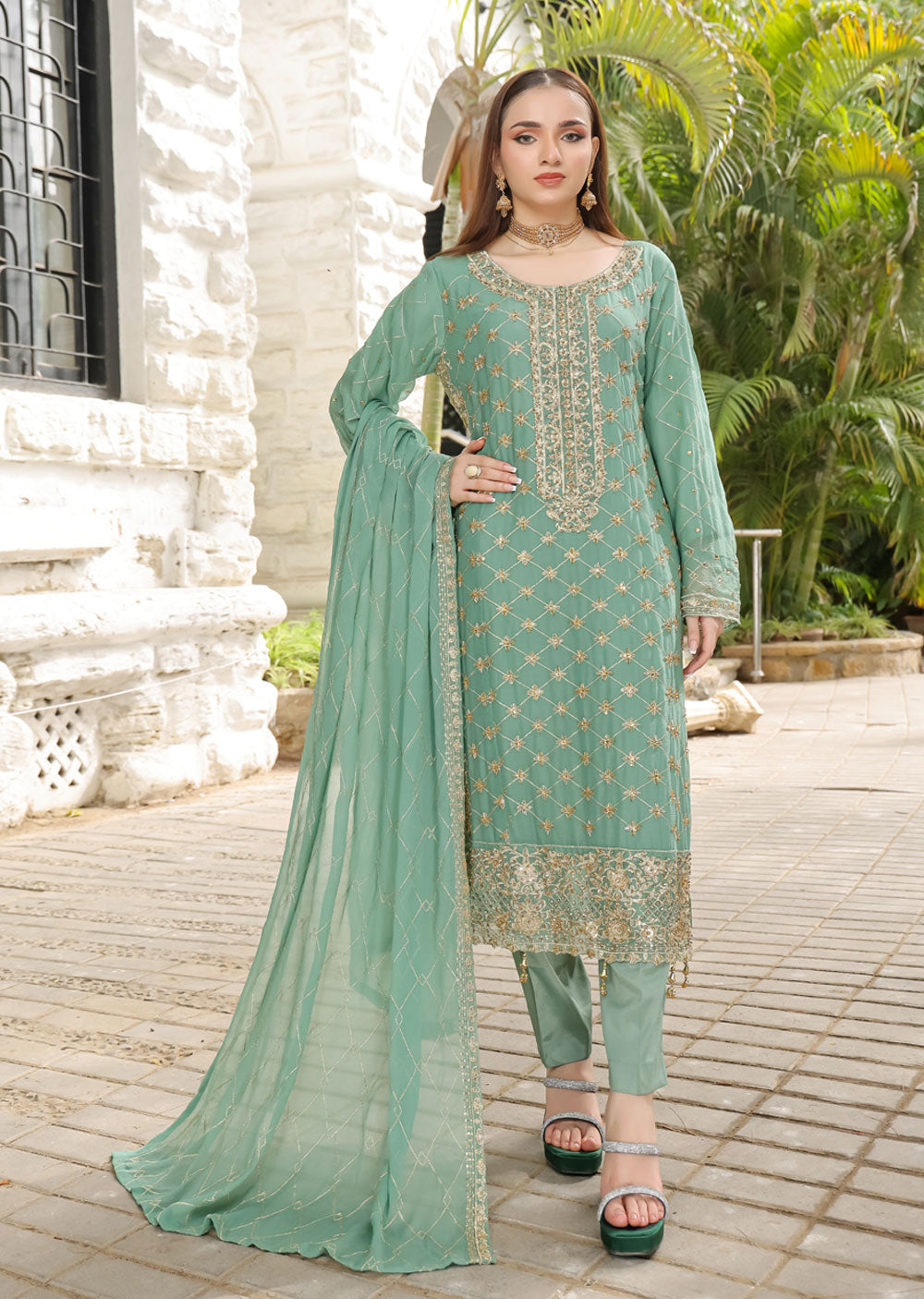 SLM609 Leeya - Readymade Green Chiffon Outfit - Memsaab Online