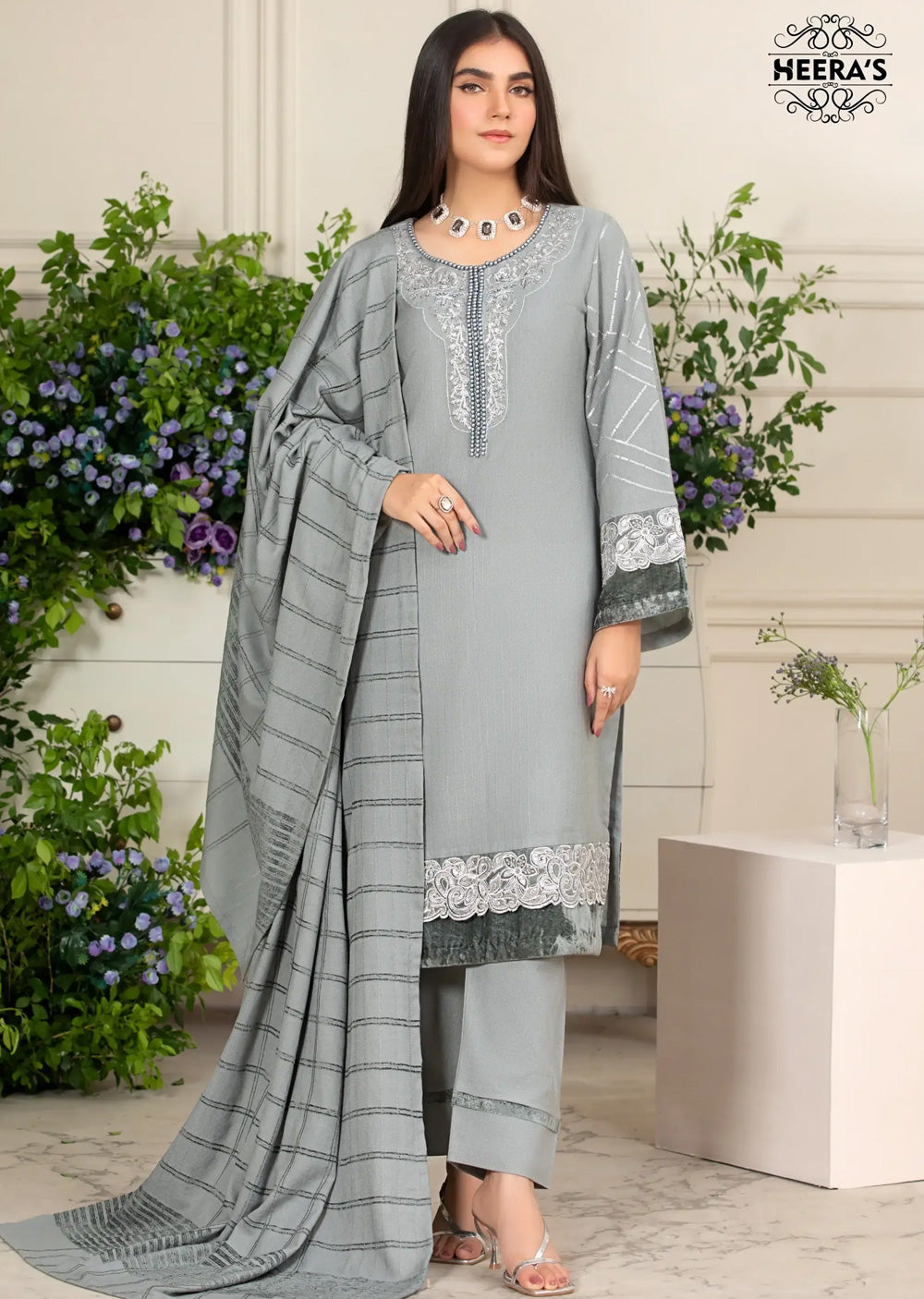 HSS-185- Readymade - Dhanak Velvet Grey Grace Embroidered suit by Heeras - Memsaab Online