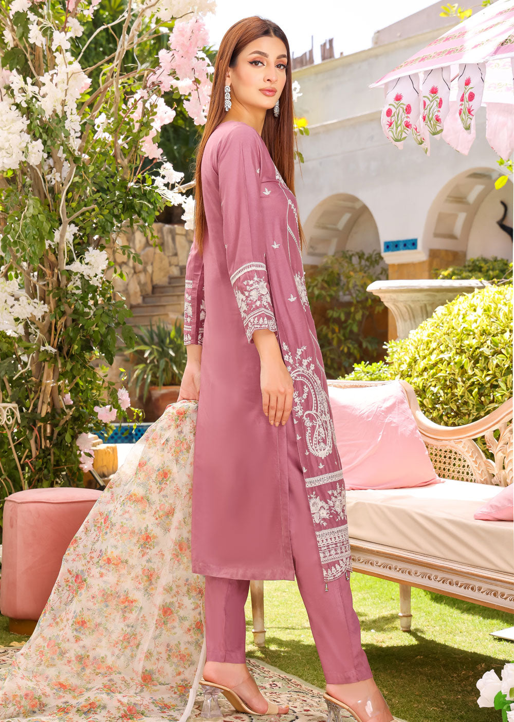 HK262 - Lilac Readymade Linen Suit - Memsaab Online