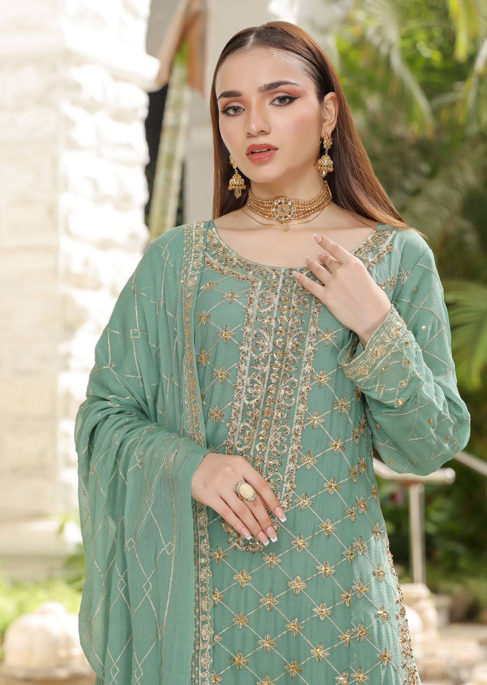 SLM609 Leeya - Readymade Green Chiffon Outfit - Memsaab Online