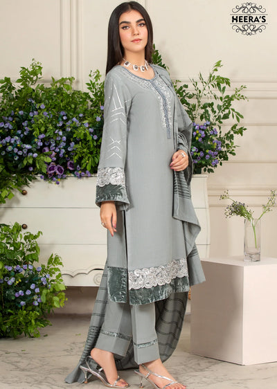 HSS-185- Readymade - Dhanak Velvet Grey Grace Embroidered suit by Heeras - Memsaab Online