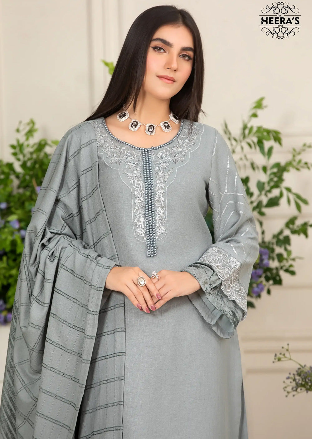 HSS-185- Readymade - Dhanak Velvet Grey Grace Embroidered suit by Heeras - Memsaab Online