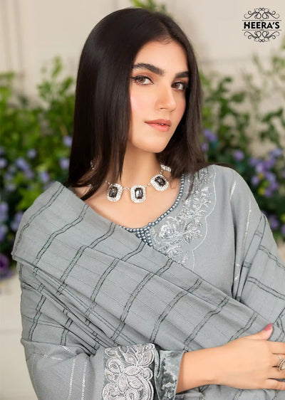 HSS-185- Readymade - Dhanak Velvet Grey Grace Embroidered suit by Heeras - Memsaab Online