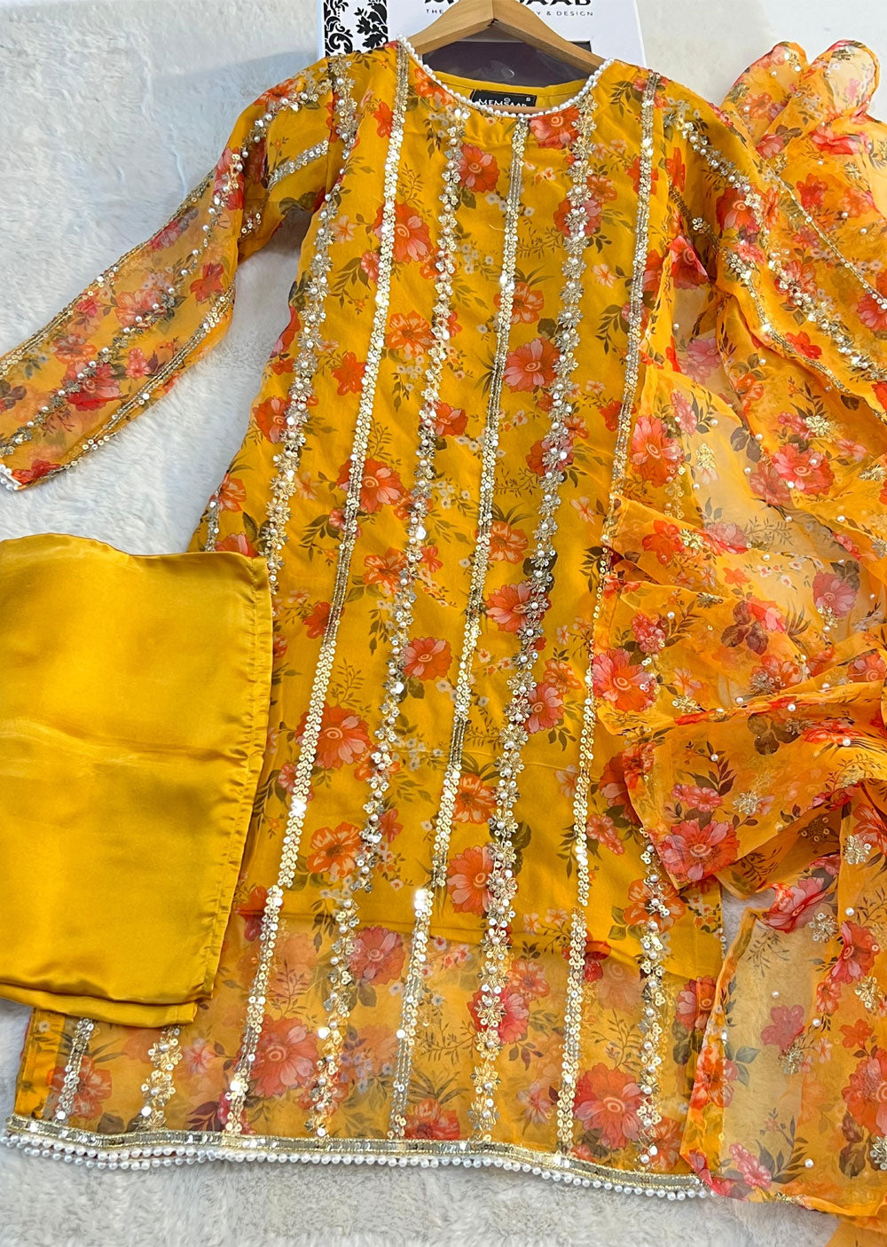 HK269 Zarifa - Mustard Readymade Organza Suit - Memsaab Online