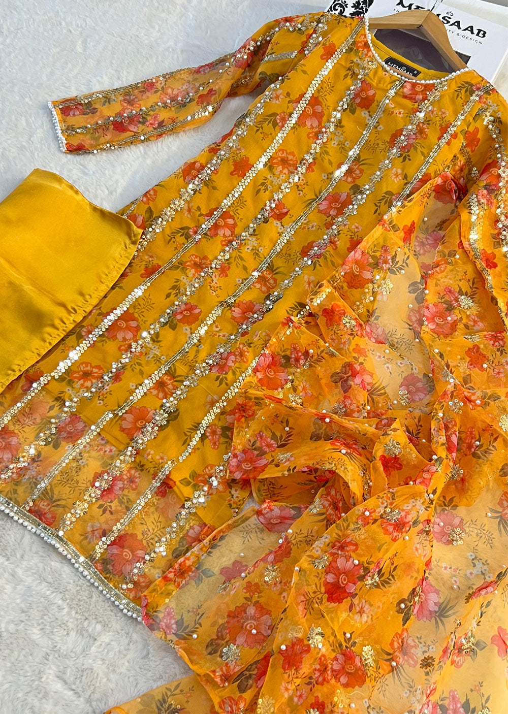 HK269 Zarifa - Mustard Readymade Organza Suit - Memsaab Online