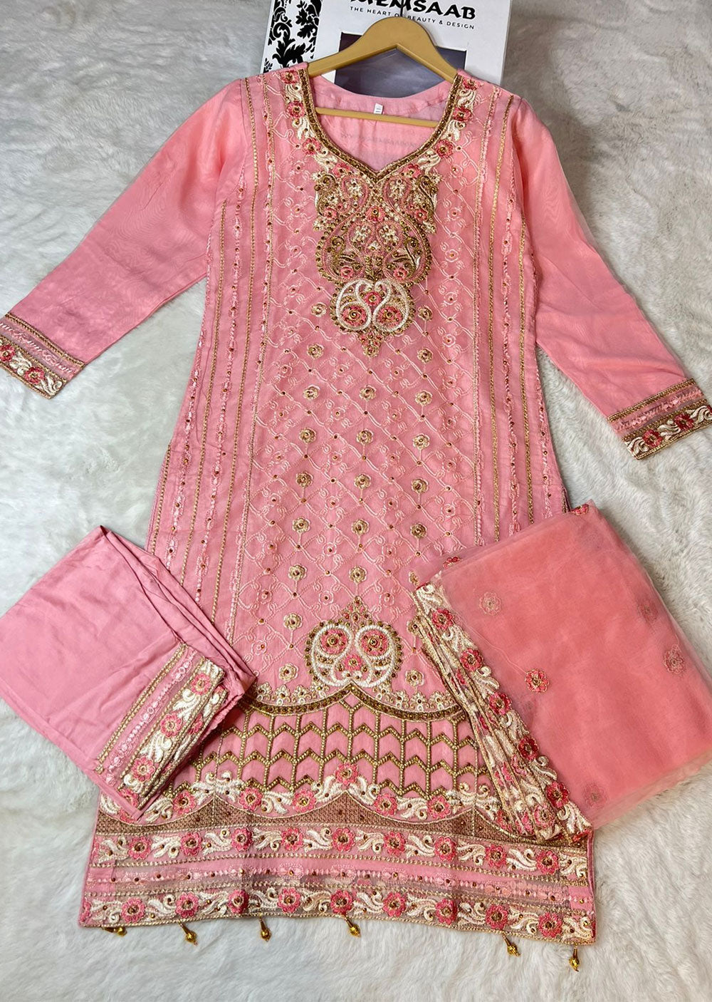 ASK626 Readymade Organza Pink Suit - Memsaab Online