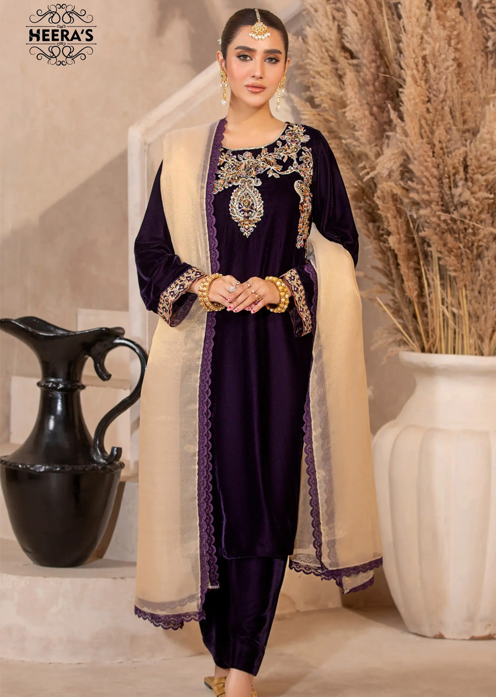 HSS-186- Readymade - Royal Velvet Twilight Embroidered suit by Heeras - Memsaab Online