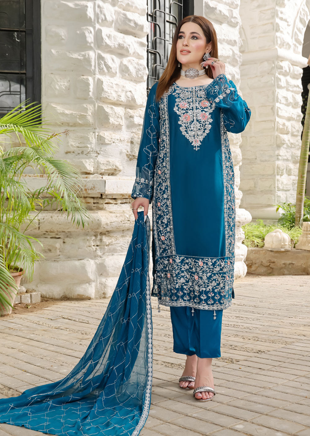 SLM610 Reha - Readymade Teal Chiffon Outfit - Memsaab Online