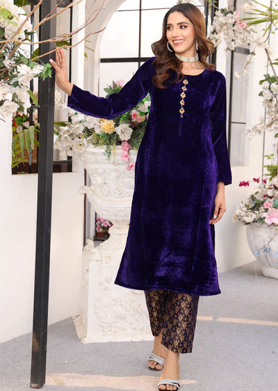 HK230 Layla - Purple Readymade 2 Piece Velvet Suit - Memsaab Online