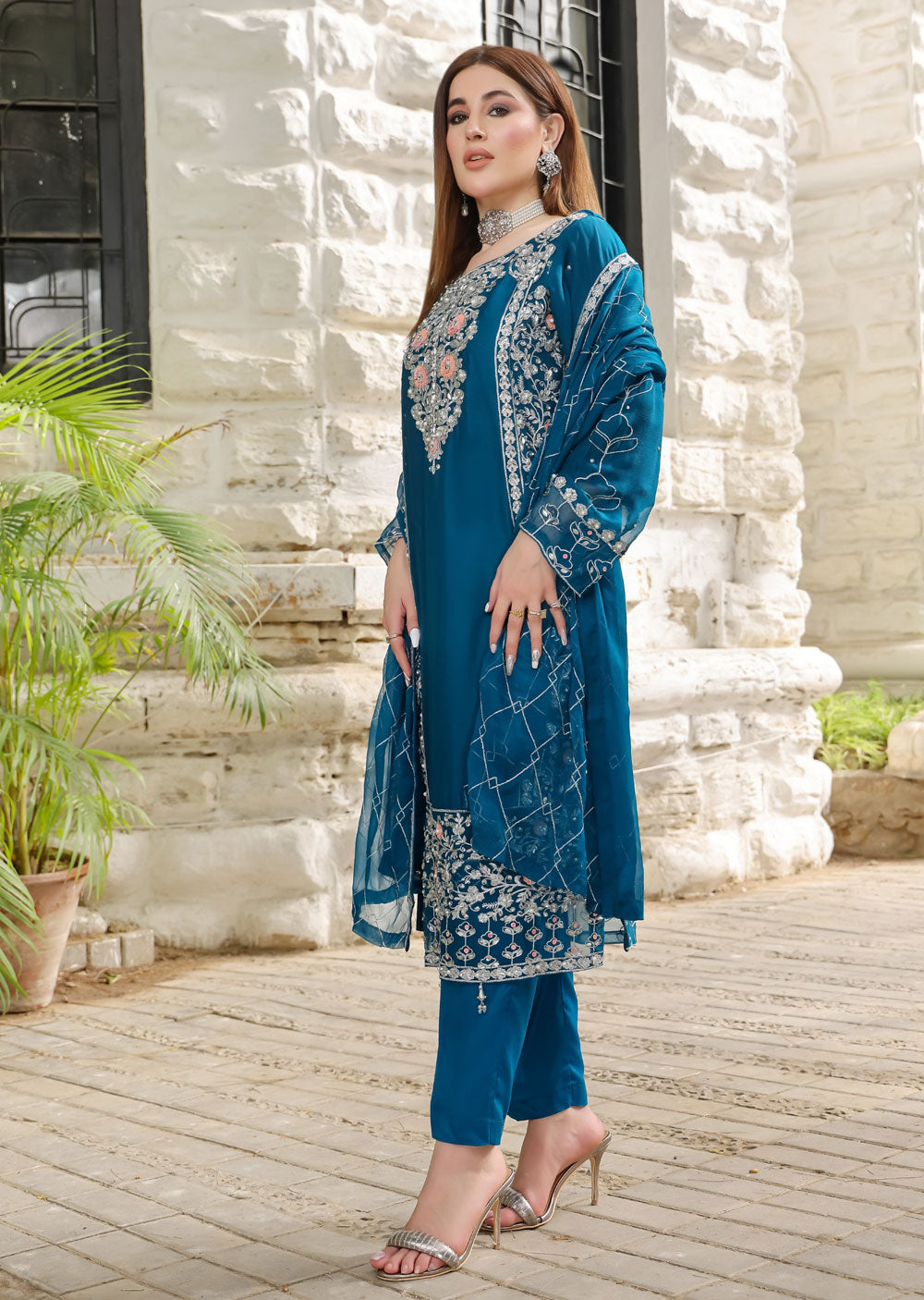 SLM610 Reha - Readymade Teal Chiffon Outfit - Memsaab Online