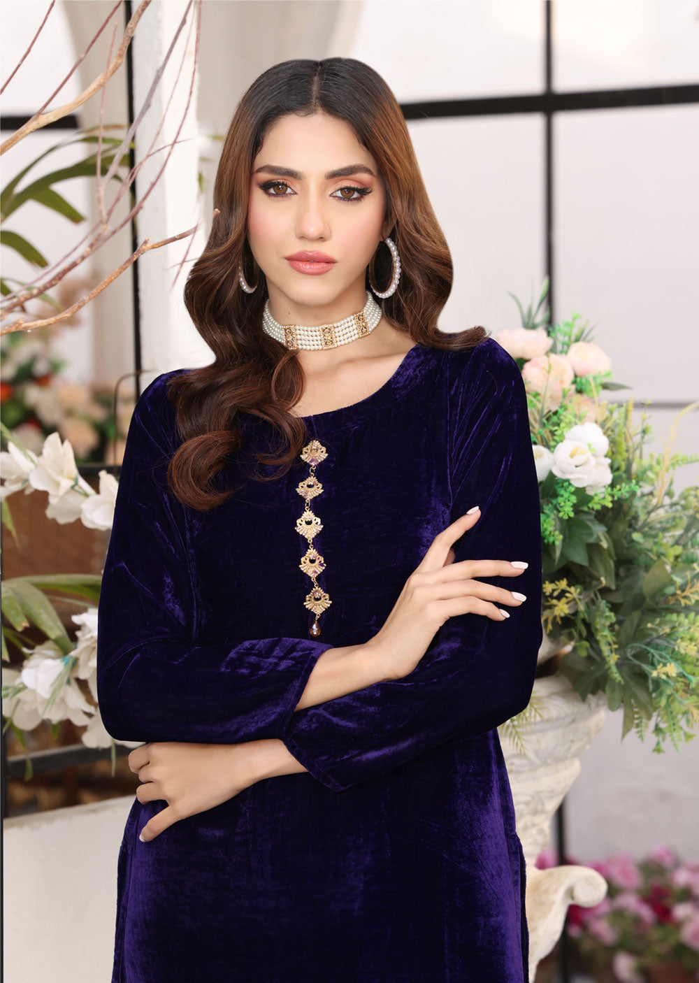 HK230 Layla - Purple Readymade 2 Piece Velvet Suit - Memsaab Online