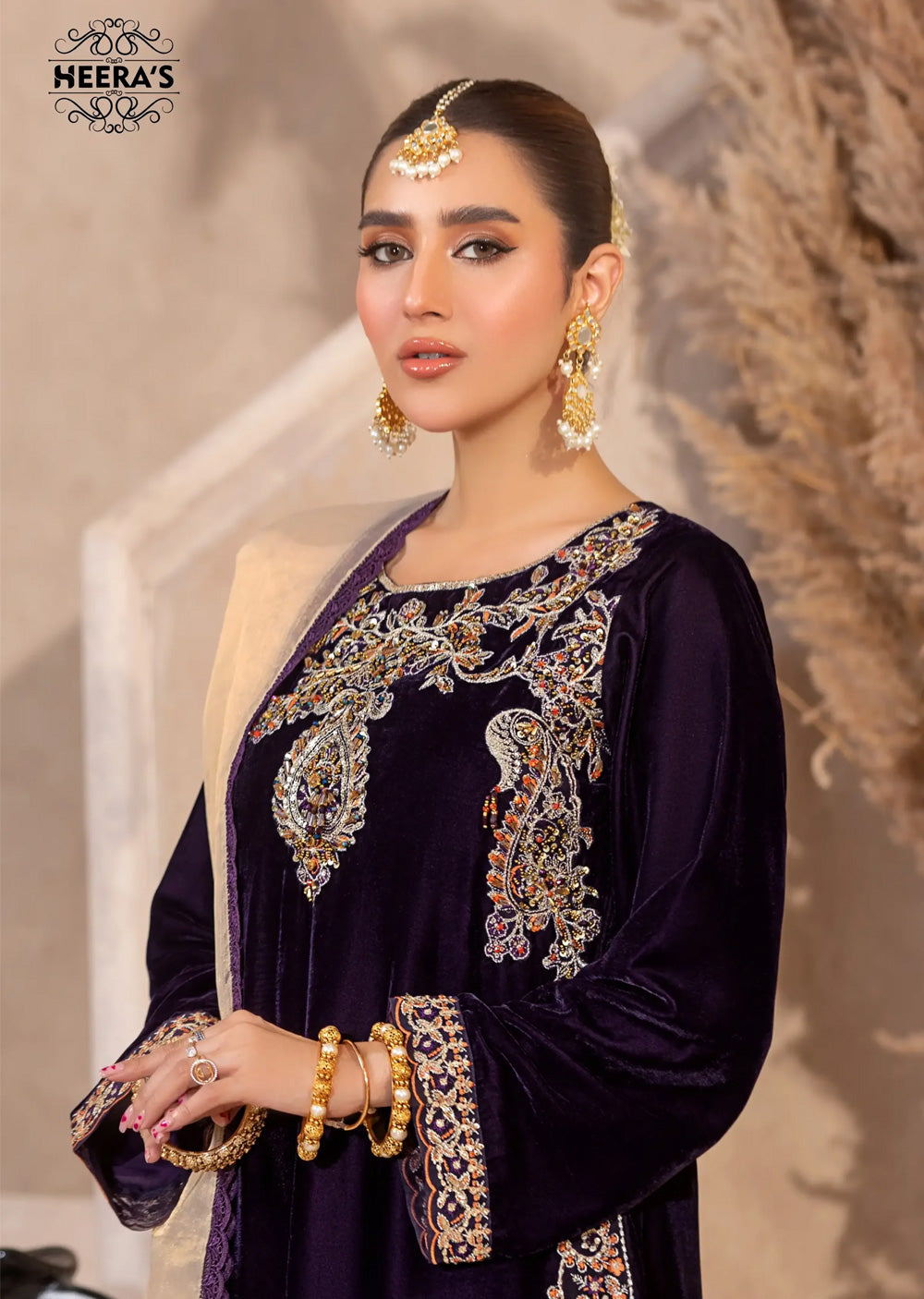 HSS-186- Readymade - Royal Velvet Twilight Embroidered suit by Heeras - Memsaab Online