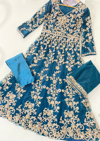 ASF4626R Roohi - Readymade Teal Net Dress - Memsaab Online
