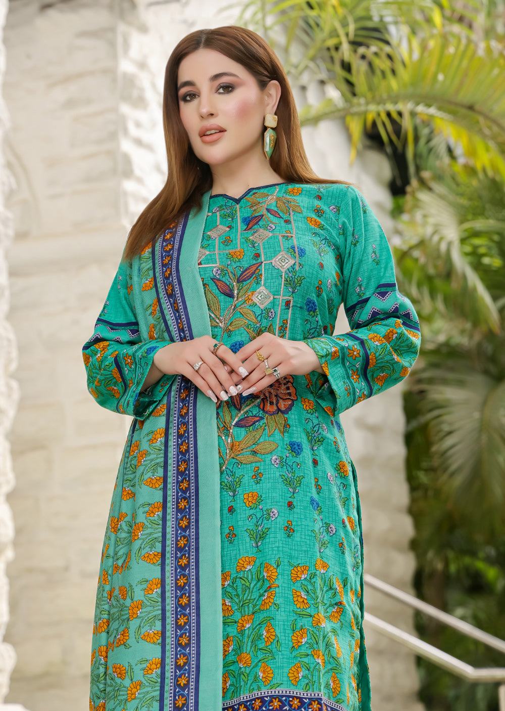 AMT5127- Green Readymade Khaddar Shawl Suit - Memsaab Online