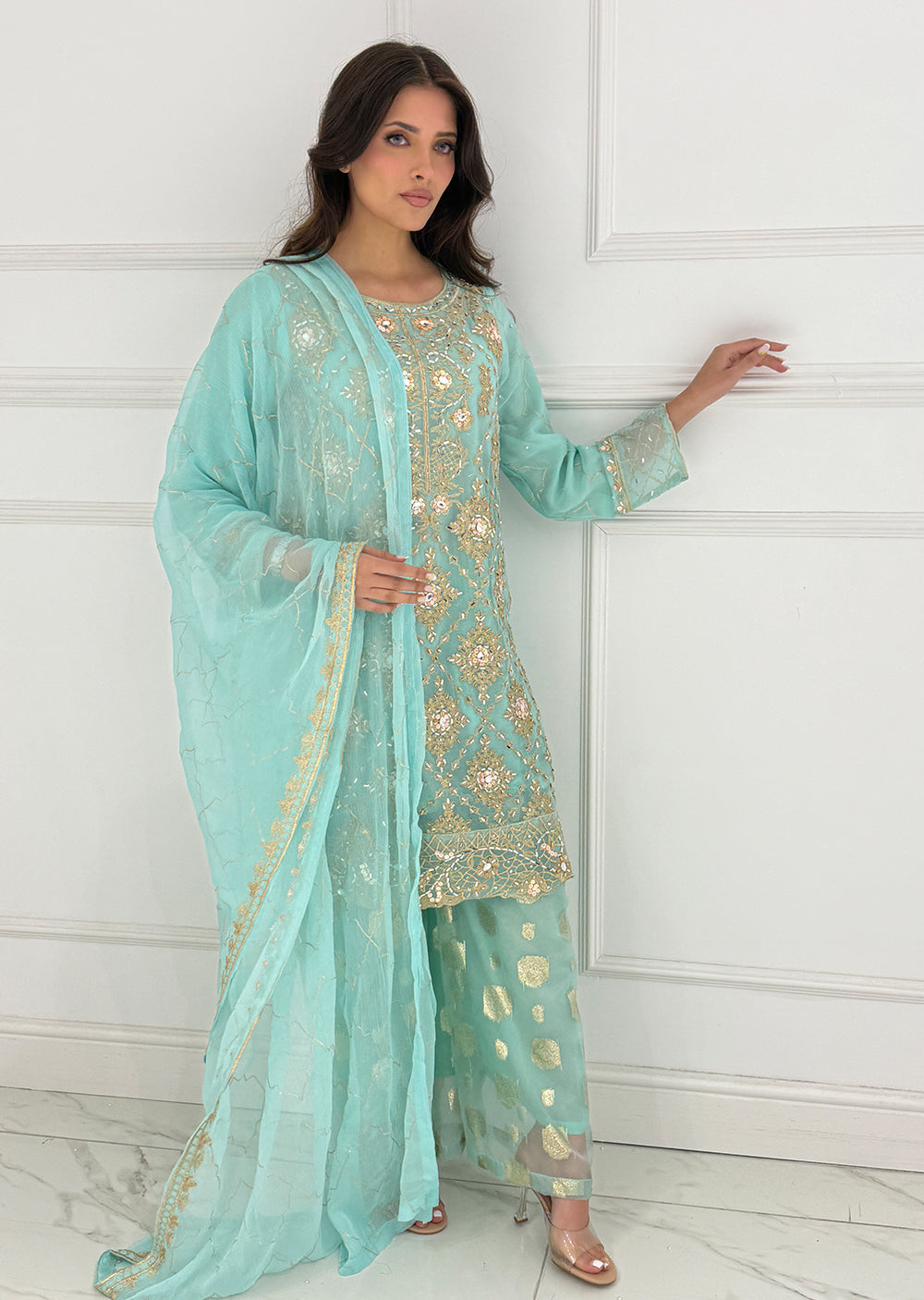 SLM612 Kiswa - Readymade Turquoise/Pink Chiffon Outfit - Memsaab Online