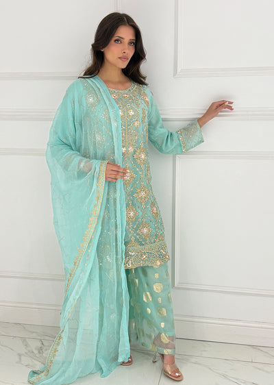 SLM612 Kiswa - Readymade Turquoise/Pink Chiffon Outfit - Memsaab Online