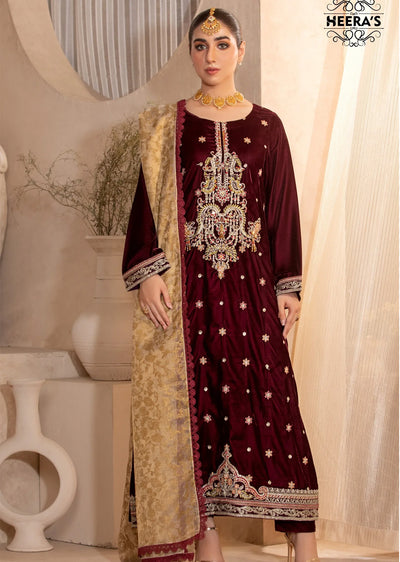 HSS-187- Readymade - Royal Velvet Elites Embroidered suit by Heeras - Memsaab Online