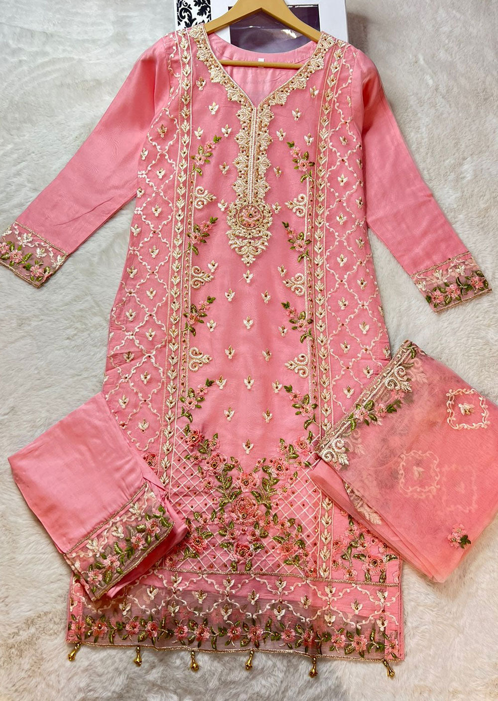 ASK627 Readymade Organza Pink Suit - Memsaab Online