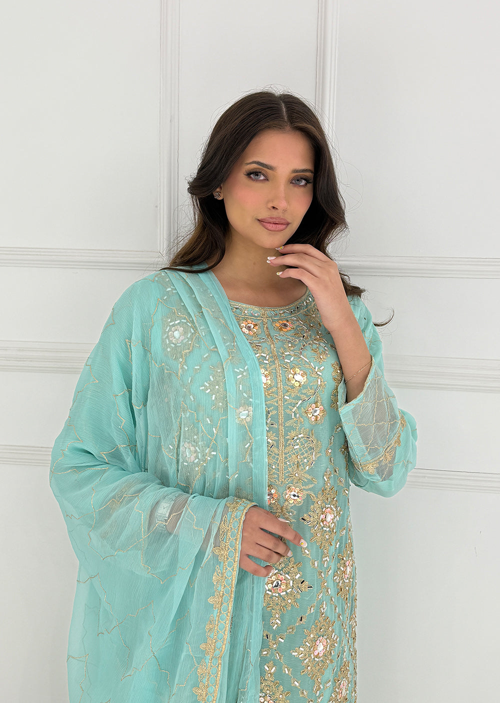 SLM612 Kiswa - Readymade Turquoise/Pink Chiffon Outfit - Memsaab Online