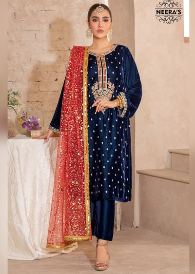 HSS-188- Readymade - Royal Velvet Blue Aura Embroidered suit by Heeras - Memsaab Online