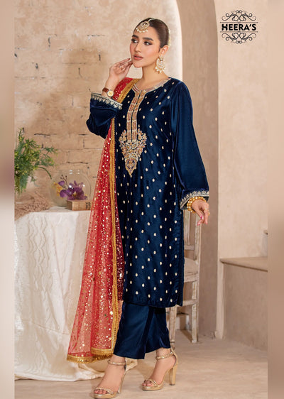 HSS-188- Readymade - Royal Velvet Blue Aura Embroidered suit by Heeras - Memsaab Online