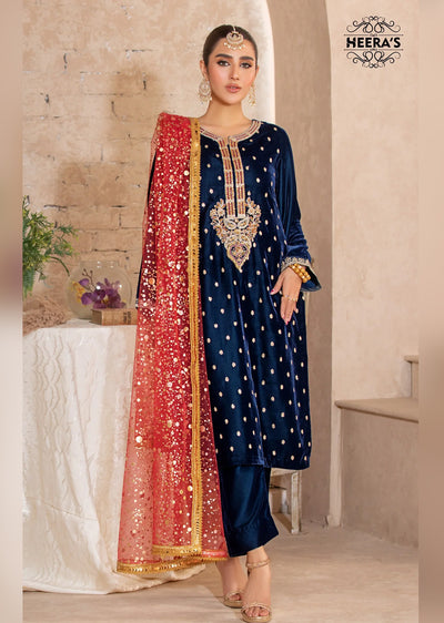 HSS-188- Readymade - Royal Velvet Blue Aura Embroidered suit by Heeras - Memsaab Online