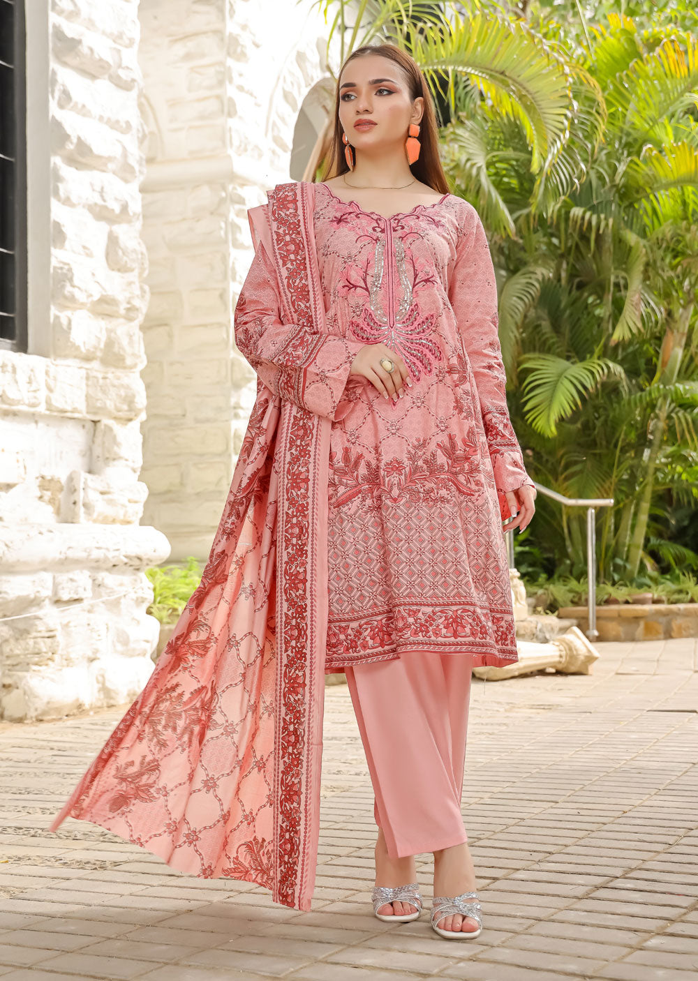 AMT4808 - Pink/Pink Readymade Lawn Suit - Memsaab Online