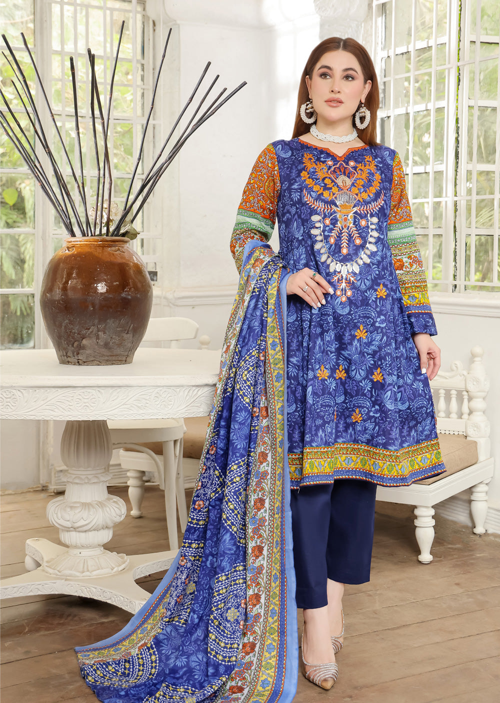 AMT5130- Blue Readymade Khaddar Shawl Suit - Memsaab Online