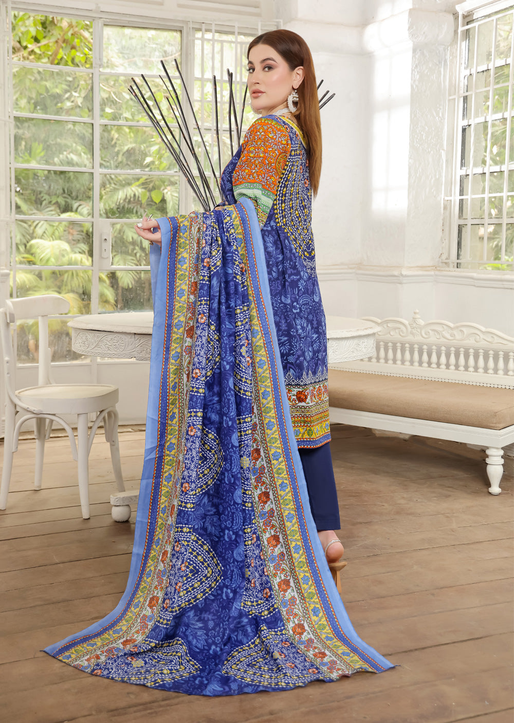 AMT5130- Blue Readymade Khaddar Shawl Suit - Memsaab Online